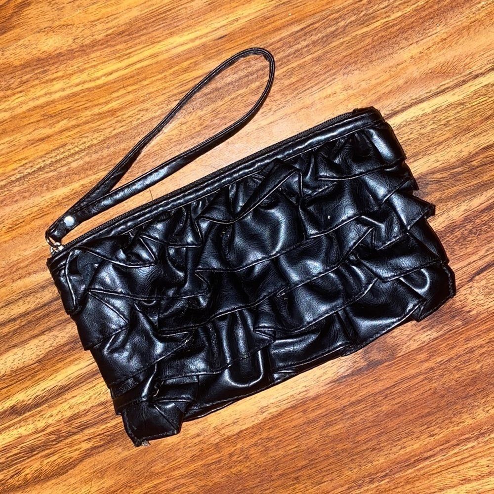 Black Ruffle Wristlet Faux Leather